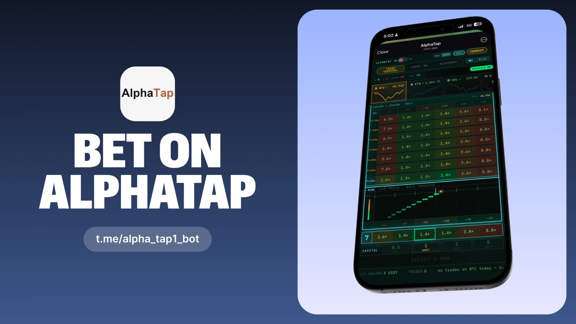 Bet on AlphaTap at t.me/alpha_tap1_bot, shown in the AlphaTap Mini App.