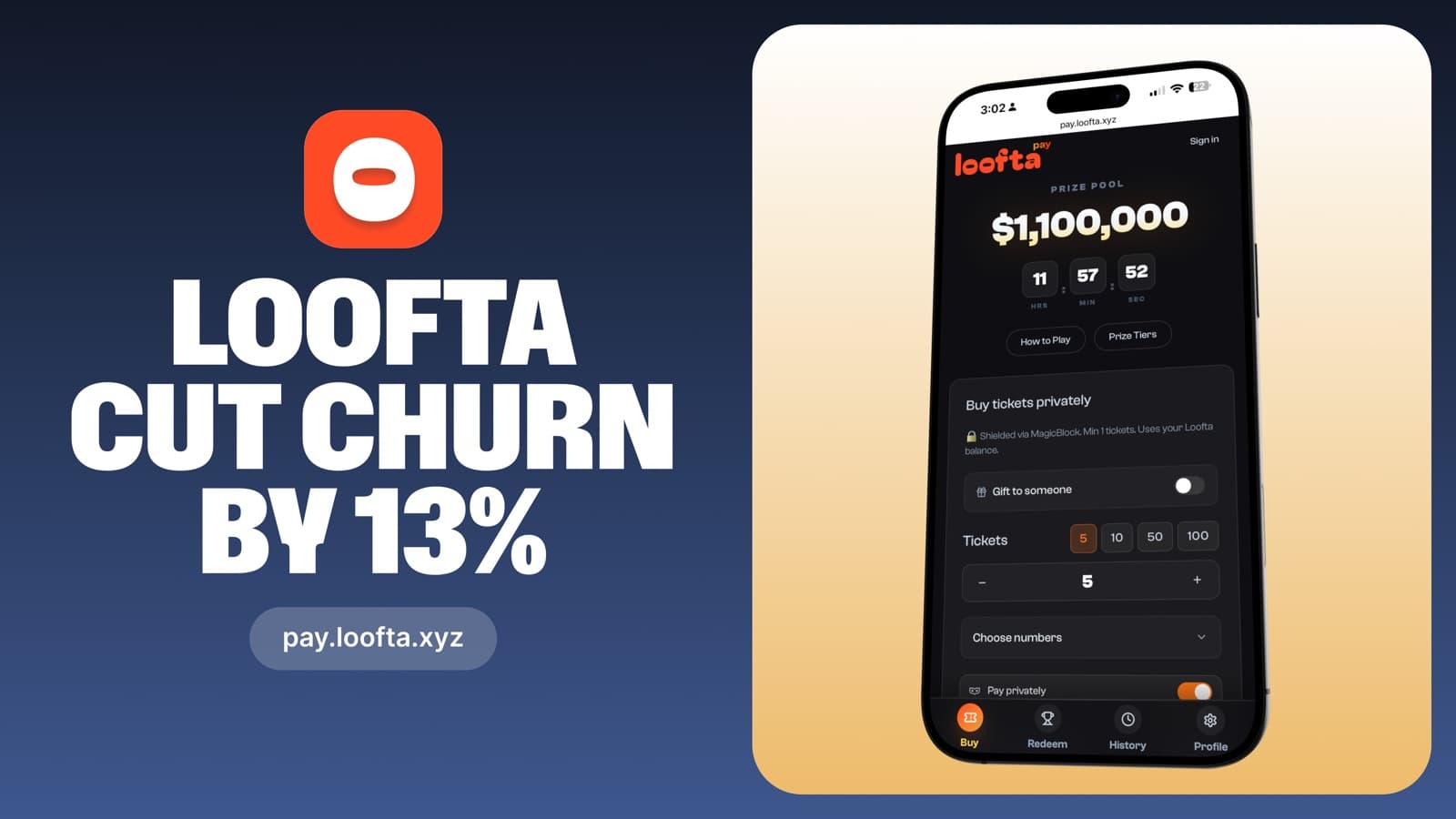 Loofta cut churn by 13%: the pay.loofta.xyz app showing a $1,100,000 prize pool