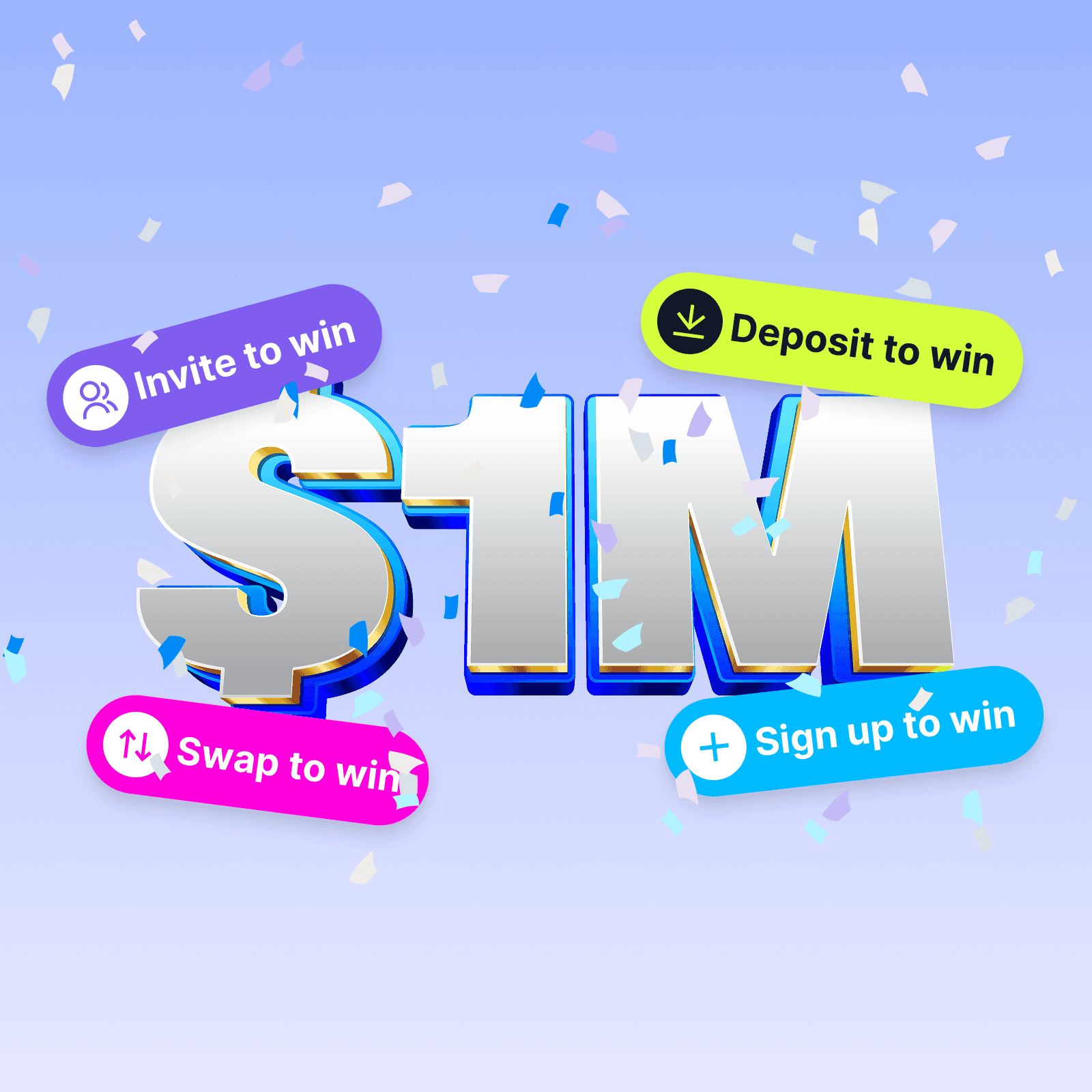 Prize giveaways attached to app actions: invite to win, deposit to win, swap to win, and sign up to win
