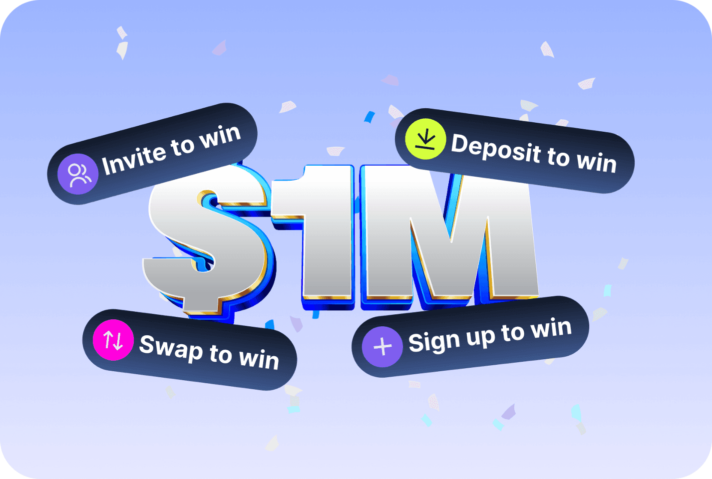 Invite to win, deposit to win, swap to win, and sign up to win, all tied to a $1M prize