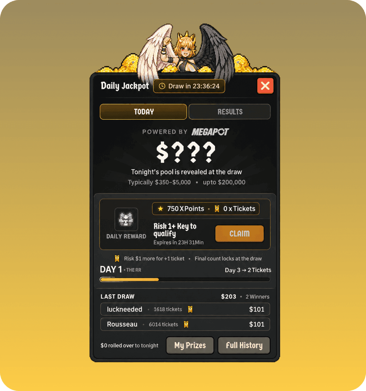 Cambria's Daily Jackpot modal, powered by Megapot: claim the daily reward, risk keys for entries, and see last night's winners